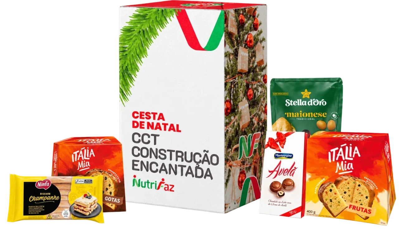 Cesta de Natal Construção Encantada Nutrifaz: caixa decorada e seleção ilustrativa dos produtos