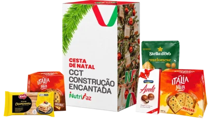Cesta de Natal Construção Encantada Nutrifaz: caixa decorada e seleção ilustrativa dos produtos