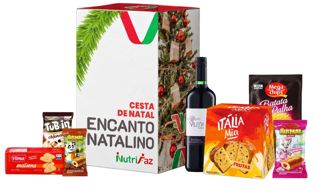 Cesta de Natal Encanto Natalino Nutrifaz: caixa decorada e seleção ilustrativa dos produtos