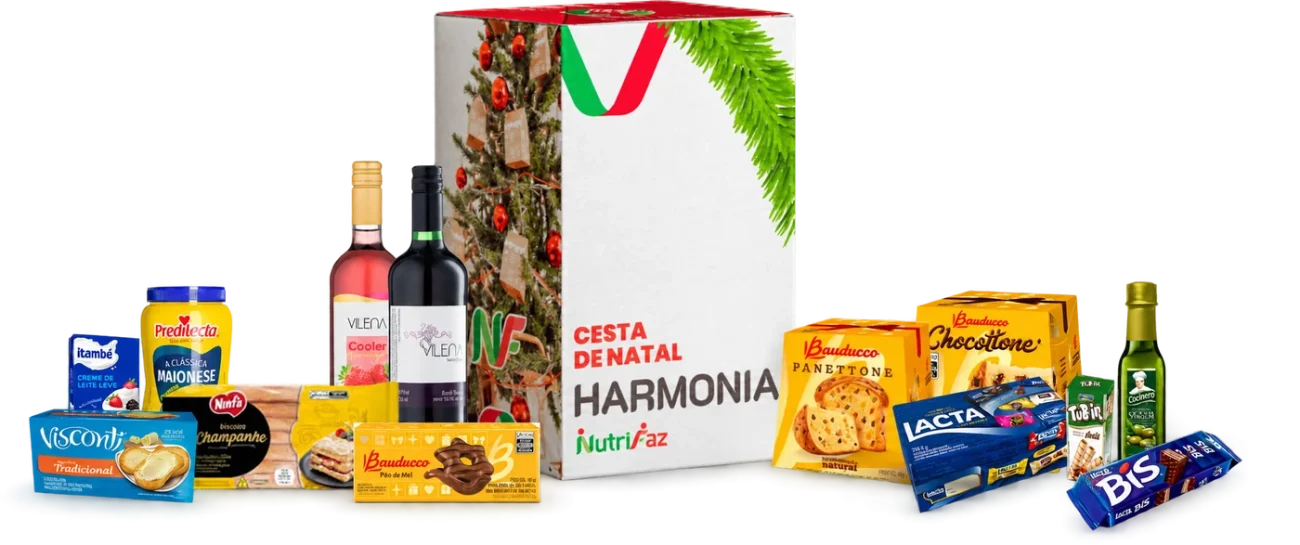 Cesta de Natal Harmonia Nutrifaz: caixa decorada e seleção ilustrativa dos produtos