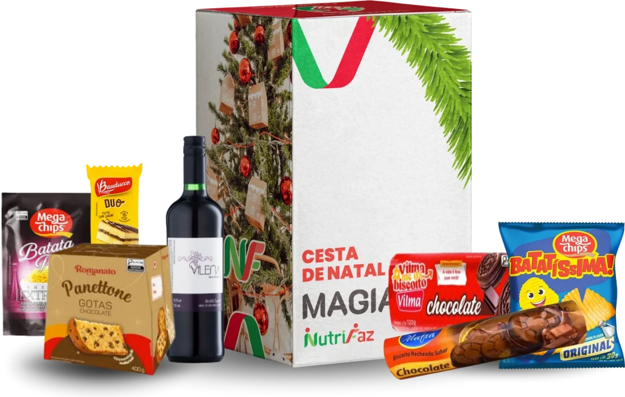 Cesta de Natal Magia Nutrifaz: caixa decorada e seleção ilustrativa dos produtos