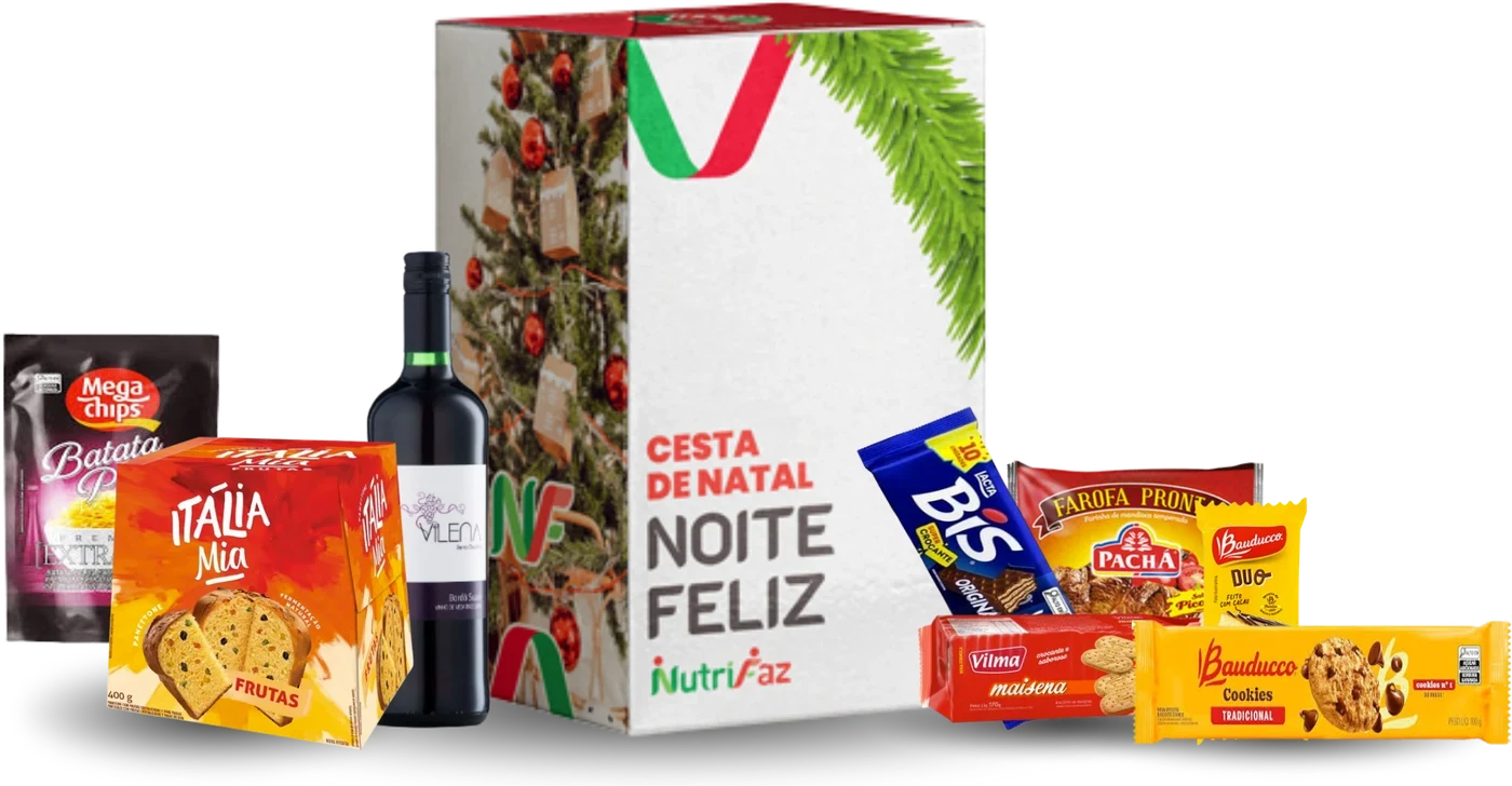 nutrifaz-natal-2026-noite-feliz Cesta de Natal Noite Feliz Nutrifaz: caixa decorada e seleção ilustrativa dos produtos