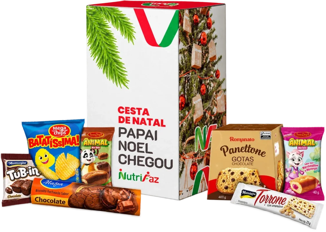 Cesta de Natal Papai Noel Chegou Nutrifaz: caixa decorada e seleção ilustrativa dos produtos