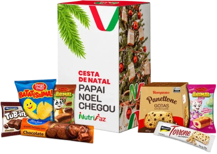 Cesta de Natal Papai Noel Chegou Nutrifaz: caixa decorada e seleção ilustrativa dos produtos
