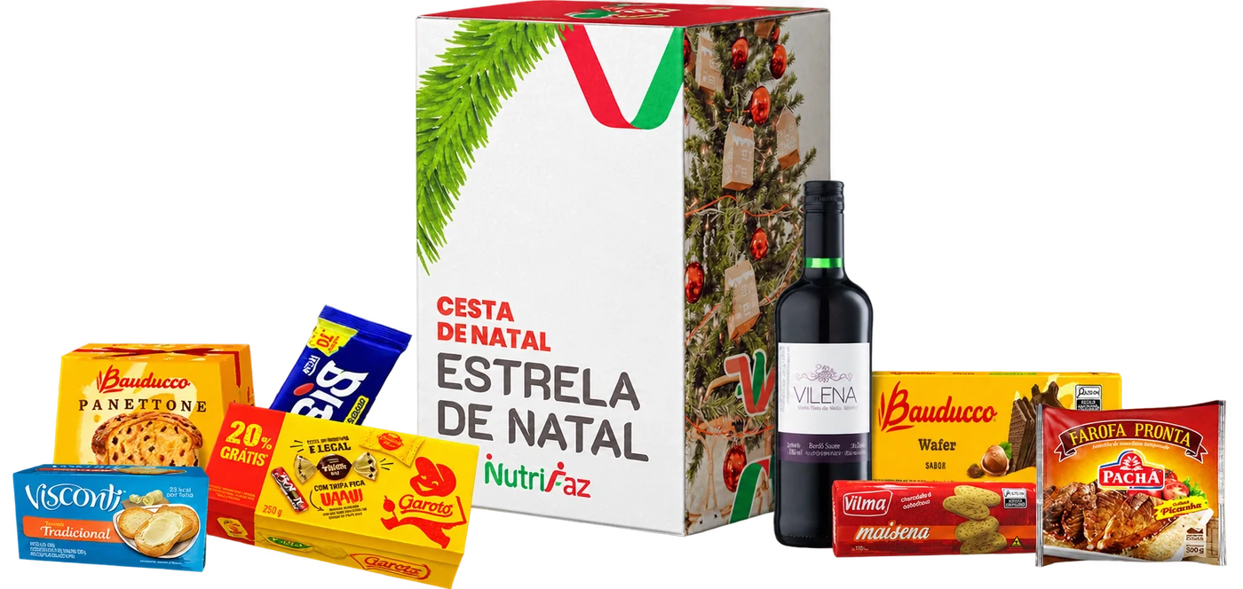 Cesta Estrela de Natal Nutrifaz com caixa decorada e produtos ilustrativos