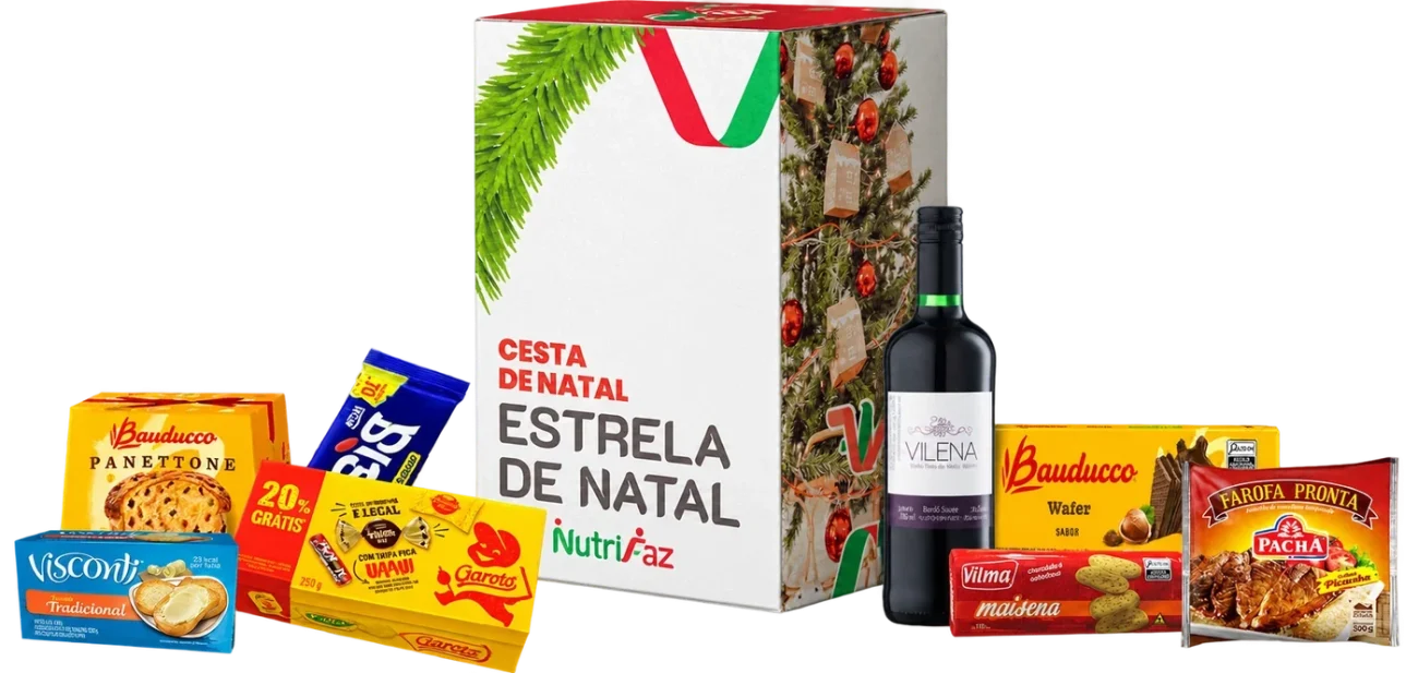 Cesta de Natal Estrela de Natal Nutrifaz: caixa decorada e seleção ilustrativa dos produtos